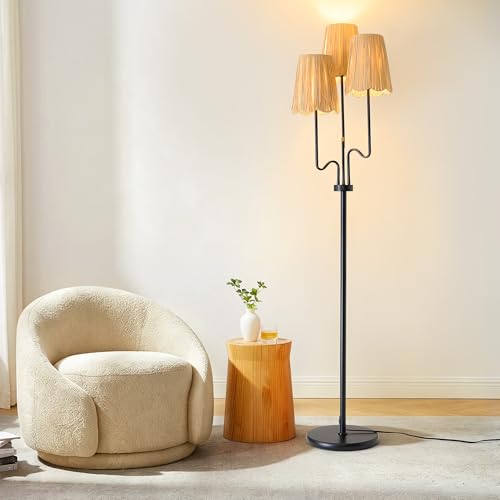 Image of Raffia Floor Lamp, 68in. Dimmable Boho Floor Lamps with Natural Raffia Shade, 3-Light Standing Lamp with Weighted Base, Soft Uplight for Living Room, Bedroom, Reading Corner (Dimmable-Raffia Shade)