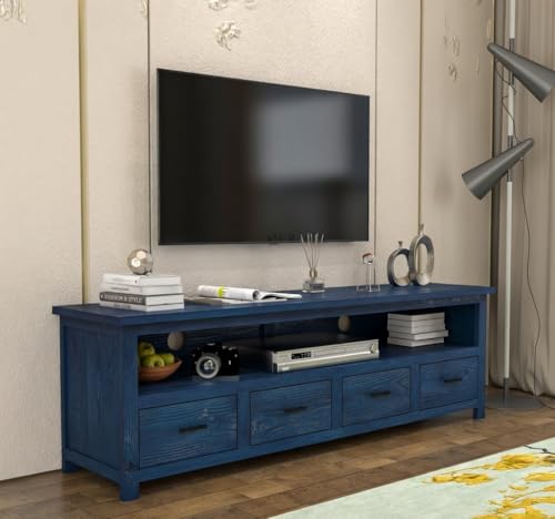 Image of Sheesham Solid Wood TV Cabinet for Living Room | Handcrafted Wooden TV Unit with Storage | Elegant Entertainment Stand for Modern Homes (4 Drawer Tv Cabinet, Rustic Blue)