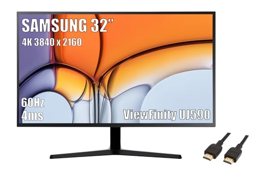 SAMSUNG 32-Inch ViewFinity UJ590 UHD Monitor, 4K (3840x2160) Display, 60Hz, 4ms, HDMI/Display Port, AMD FreeSync, Eye Saver/Flicker Free Mode, Dark Gray/Blue, with MTC HDMI Cable