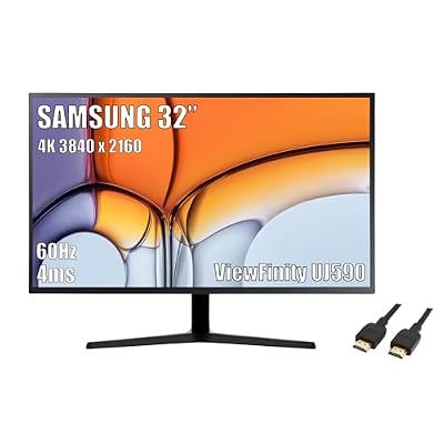 SAMSUNG 32-Inch ViewFinity UJ590 UHD Monitor, 4K (3840x2160) Display, 60Hz, 4ms, HDMI/Display Port, AMD FreeSync, Eye Saver/Flicker Free Mode, Dark Gray/Blue, with MTC HDMI Cable