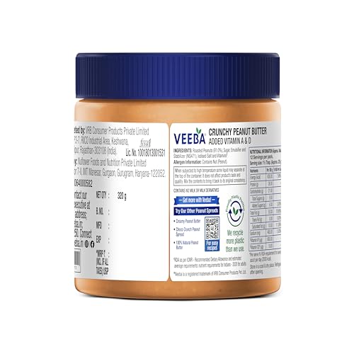 Image of Veeba Peanut Butter Crunchy | High Protein | Naturally Gluten Free | Vegan | No Added Preservatives | Added Calcium, Iron, Vitamin A & D | No Added Colour & Flavour | Non GMO | 320 g (Pack of 2)