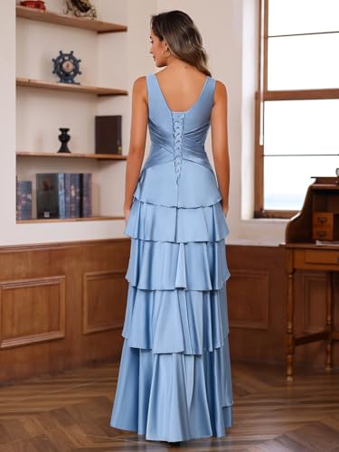 YOFF V Neck Bridesmaid Dresses with Cape Long Tiered Satin Formal Evening Prom Dress YO1632