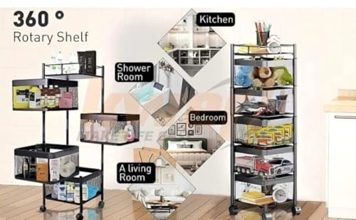 Image of Well Set Metal 5-Layer Revolving Kitchen Storage Rack with Wheels | Multipurpose Organizer for Fruits, Vegetables, Groceries & Spice | Heavy Duty Square Design Kitchen Trolley (Black)