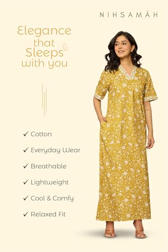 Image of NIHSAMAH Cotton Nighty for Women - Embroidered & Printed Stylish Night Gown, Comfortable Sleepwear Long Nightwear, Maxi