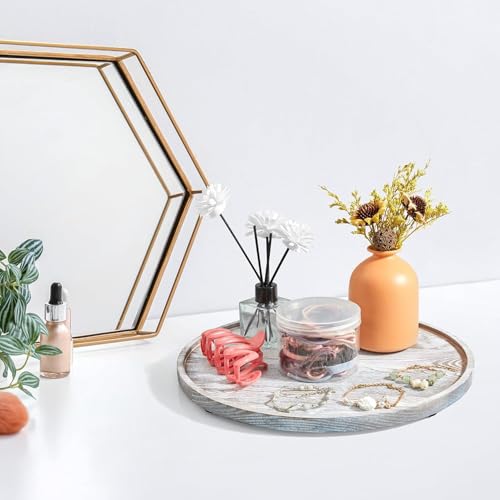 Image of WOOYNEX Round Decorative Tray Serving Trays for Food and Drinks Rustic Wooden Coffee Table Trays Home Decor Farmhouse Centerpiece One Set of Ottoman Kitchen countertops (White Wash)