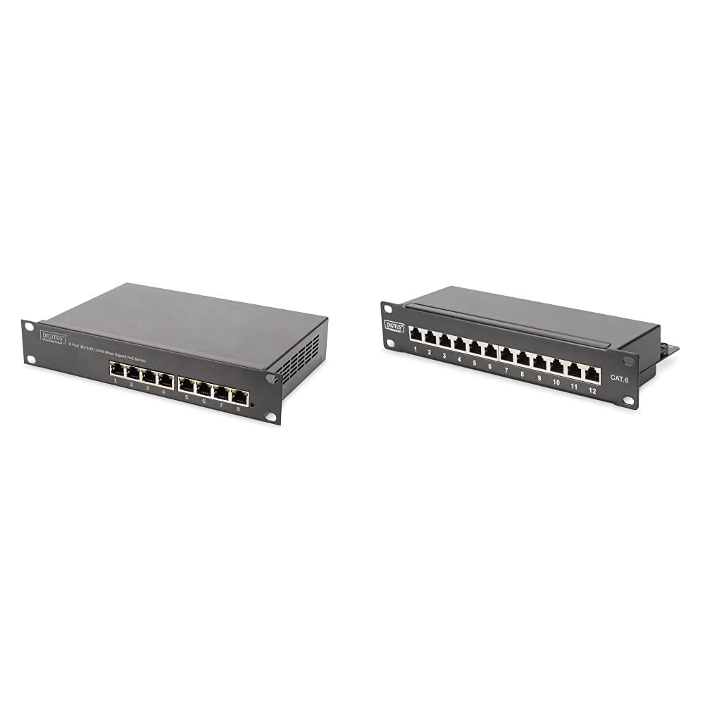 DIGITUS Gigabit Ethernet PoE+ Switch - 10 Zoll - 8 Ports - 96 Watt Powerbudget - Schwarz & Cat-6 Patch-Panel - 12 Ports - RJ45-Buchsen - 10-Zoll Rack-Mount 1HE - LSA Verteiler-Feld - Schwarz