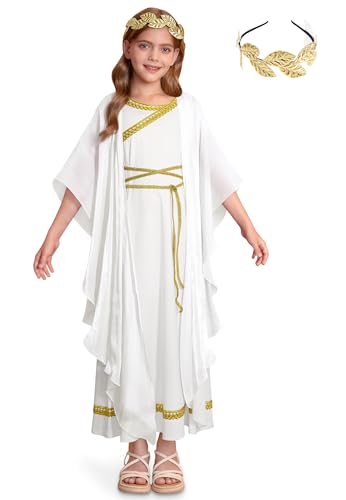 Girls Grecian Halloween Toga White Dress with Greek Cape with Goddes Athna Gold Leaf Headpiece 8 Years