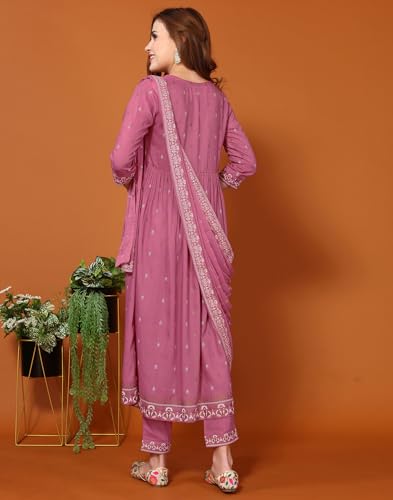 Image of SKYLEE Women's Printed & Gota Lace Cotton Silk Anarkali Kurta Set with Dupatta