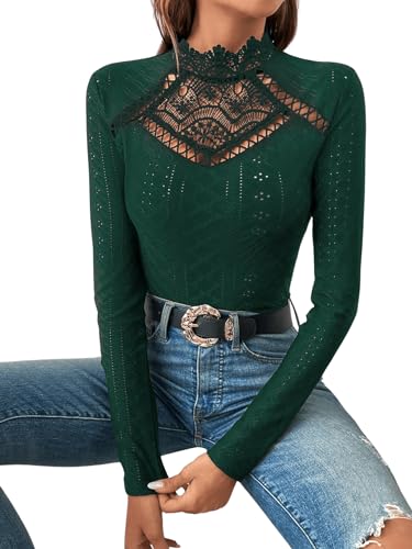 GORGLITTER Damen Bodysuit Elegant Bodies Stehkragen Ãse Stickerei Bodys Langarm Body mit Spitzeneinsatz – Bild 4