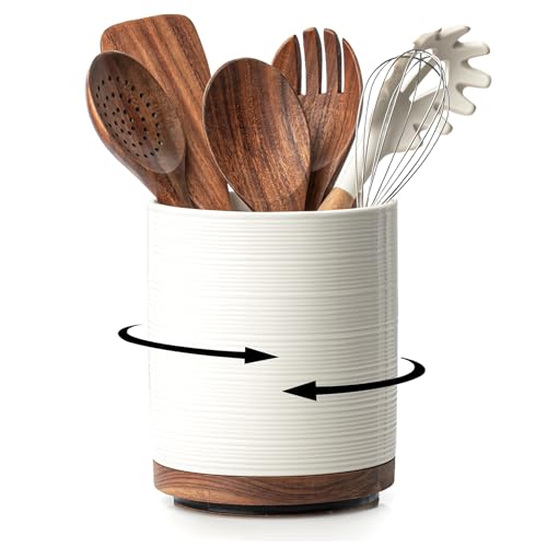 MIKIGEY Utensil Holder, 360° Rotating Extra Large Ceramic Kitchen Utensil Holder for Countertop, 7.3“ Cooking Utensil Crocks for Kitchen Counter with Rotatable Wooden Base, Farmhouse Decor, White