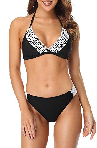beautyin Women Two Piece Bikin Set Halter Neck Triangle Bikini Swimsuit Black S