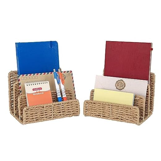 DINGTAI Woven Desktop Mail Organizer, Small File Letter Holder Sorter, Envelope Holder for Desk, Desk File Mail Organizer Countertop for Document Letter Envelope Mail Paper Bill Filing (2)