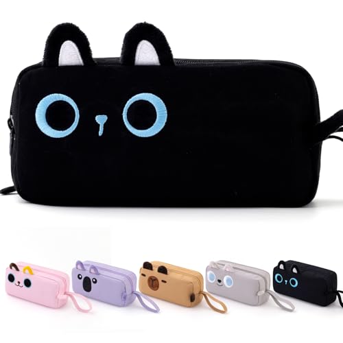 CICIMELON Cartoon Pencil Case Large Capacity Pen Pouch with Embroidered Animal Design School Supplies Bag for Kids Teens Students (Black Cat)