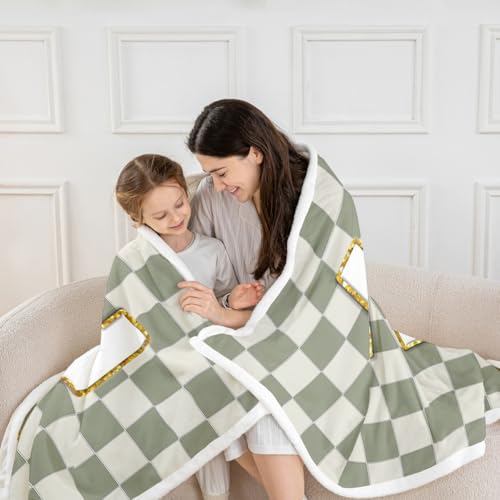 Image of Erosebridal Sage Green Checkered Sherpa Blanket Plaid Initial M Fuzzy Plush Throw Personalized Monogram Fleece Blanket for Kids Boys Girls,Fashion Grids Gingham Decor for Bed Couch Twin 60 inchx80 inch