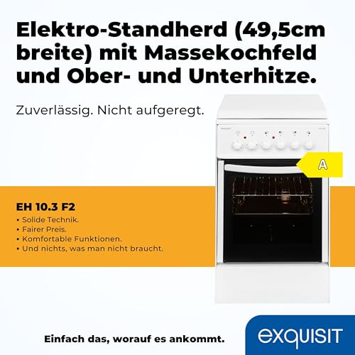 Exquisit Standherd EH 10.3 F2 | Elektro-Standherd | 50 cm | Masse-Kochfeld | 50 L Garraum | Inkl. Deckel | Weiß