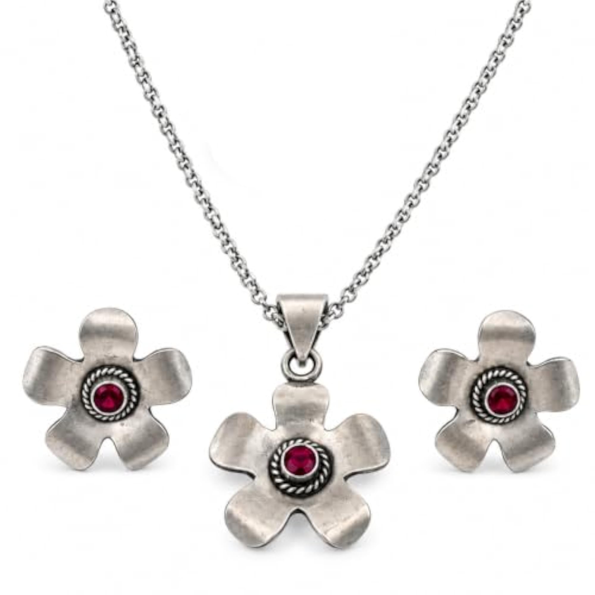 Women's 925 Silver Moh Raani Stone Flower Necklace Set