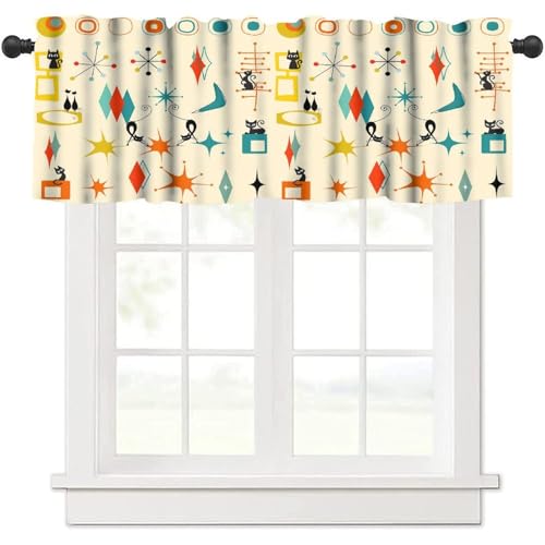 Image of Mid Century Cat Window Valance Curtain, Retro Atomic Starburst Vintage Stars 50 60s Abstract Geometric Space Window Treatment Valances for Home Kitchen Cafe Decor 54'x18', 1 Panel