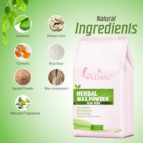 Image of VLOVEU Wax Powder for Hair Removal for Women - 120 gm (Pack of 1) | Hair Removal Powder with Aloevera | Painless Herbal Wax Powder, All Skin Types Hands, Legs, Underarms, Bikini & Intimate Area