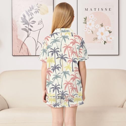 Palm Trees Colorful Prints Summer Satin Pajama Set, Cute Button-Down Sleepwear Pj Set for Sleep Wears4