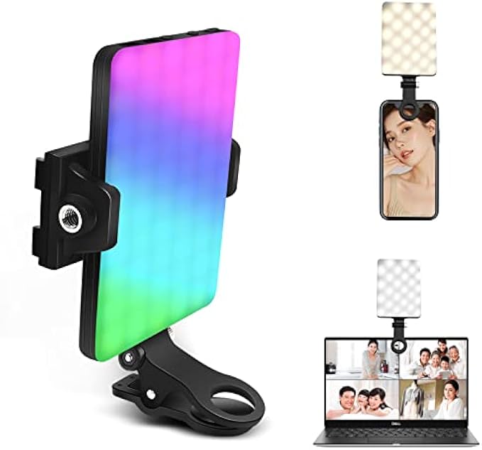 GreatLPT RGB Phone Light Clip, Cell Phone Fill Light 360° Full Color CRI 95+ Dimmable 2500K-8500K, 2000mAh Rechargeable Phone Clip Light for Selfie, Makeup, Video Conference, TikTok