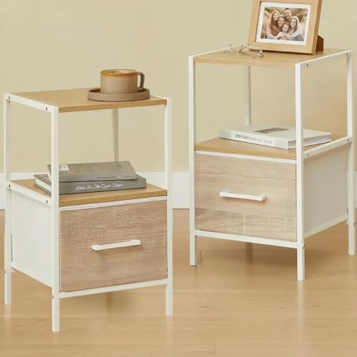 CASABEL Lot de 2 Tables de Chevet avec tiroir en Tissu renforcé Effet Bois,Cadre métal Blanc et Bois, 30×30×50cm, Tables de Nuit pour Chambre ou Tables...