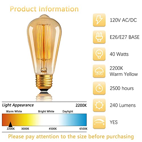 Sevici Edison Bulb 40W 120V, St64 Vintage Incandescent Bulb, Amber Warm Yellow Dimmable, 6 Pack #TOP2