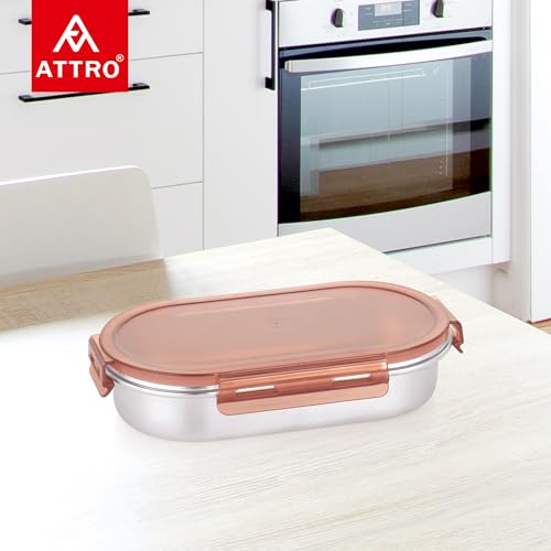Image of Attro Steelox Oval Stainless Steel Container with Plastic Seal Lid BPA Free Food Grade Leak-Proof Ideal for School, Office & Outdoor Lunch Pack - 540ml Brown
