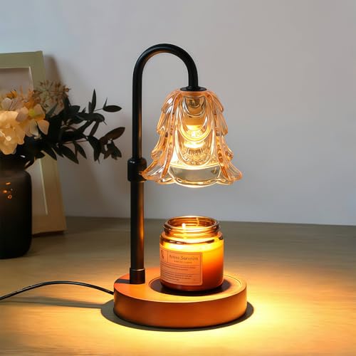 Candle Warmer Lamp with Timer and Dimmer, Adjustable Height Vintage Wax Warmer - Halogen Bulb, Retro Wood Base & Glass Shade, Elegant Table Lamp for Home Bedroom Office Decor