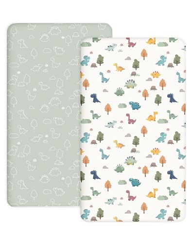 Image of Pack and Play Sheets 2 Pack, Fitted Jersey Knit Mini Crib Sheets for Baby Boys and Girls, Compatible with Graco Pack N Play and Mini Crib Mattress (Sage Dino, Pack N Play /Mini Crib Sheets)
