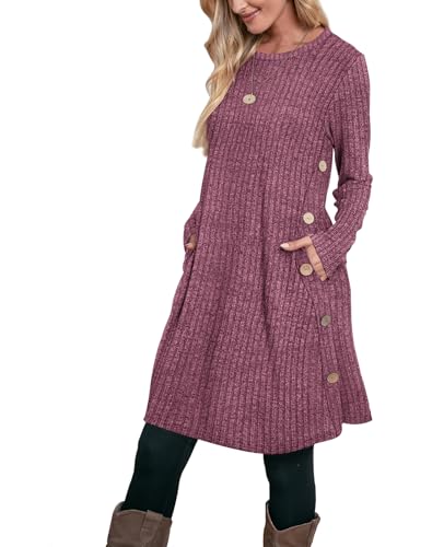 Image of OFEEFAN Fall Dresses for Women 2026 Crew Neck Long Sleeve Dress with Pockets