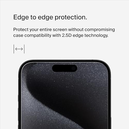 Belkin ScreenForce UltraGlass 2 Treated iPhone 15 Pro Screen Protector, Scratch-Resistant, 9H Hardness Tested Glass with Slim Design, Includes Easy Align Tray for Bubble-Free Application