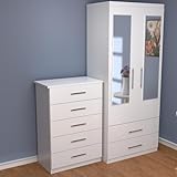 Ready assembled White Bedroom Furniture Set, 2-Door Mirrored Wardrobe and 5-Drawer Chest,