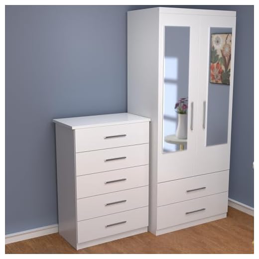 Ready assembled White Bedroom Furniture Set, 2-Door Mirrored Wardrobe and 5-Drawer Chest,
