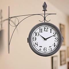 Metal Double Sided Hanging Clock with Retro Brown Sturdy Frame,Glass Lens,Silent Quartz Movement