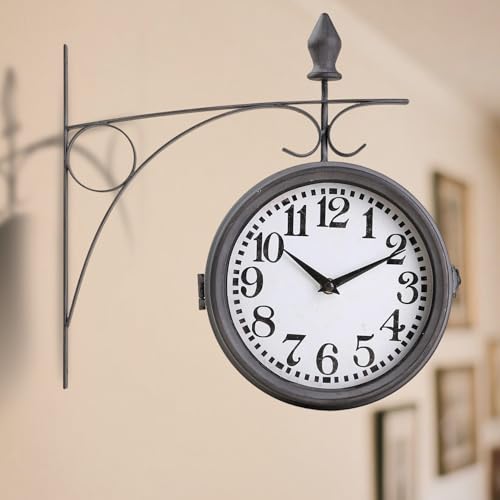 Metal Double Sided Hanging Clock with Retro Brown Sturdy Frame,Glass Lens,Silent Quartz Movement, Indoor/Outdoor Double-Sided Decorative Wall Clock for Home Decor Farmhouse Station Office Garden