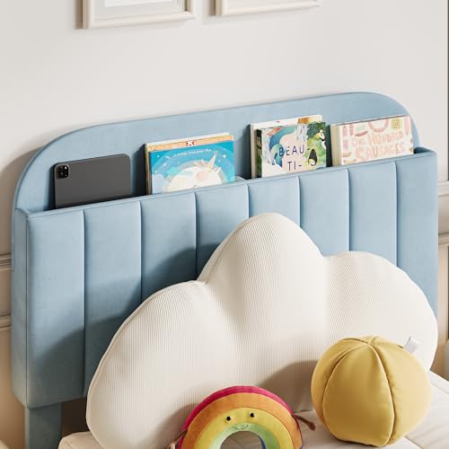GarveeHome Twin Bed Frame with Drawer, Boys Bed, Velvet Upholstered Platform BedFrame with Storage Headboard for Kids, No Box Spring Needed, Easy Assembly, Noise-Free, Light Blue