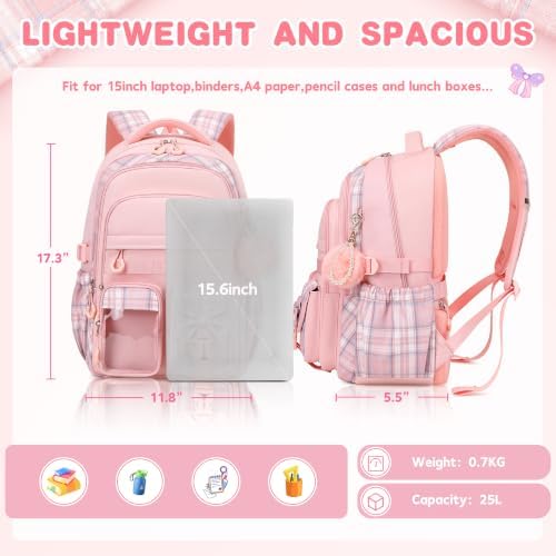 QIXIHU Girls Backpack, Multiple Pockets School Bookbag for Middle School & Elementary School Large Capacity Cute Backpacks for Girls Pink Plaid - 4