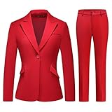 Lamgool Women Suit 2 Pieces Set One Button Lady's Business Formal Peak Lapel Blazer and Pants for Work (Red, X-Large)