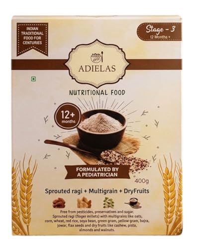 Image of ADIELAS Stage 3 Sprouted Ragi Multigrain Mix for 1+ Years | Pediatrician Formulated | With Dry Fruits, Grains & Pulses | 400 g