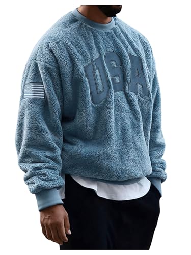 Floerns Men's Letter Embroidery Long Sleeve Teddy Sweatshirts Fuzzy Crewneck Pullover