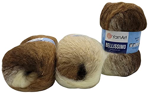 YarnArt Bellissimo 1402 - Ovillo de lana para tejer (3 ovillos de 150 g, 450 g), color marrón, beige y crema Cover