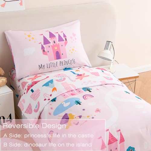 Image of PERFEMET 4 Pcs Twin Bedding Set for Girls Pink Castle Kids Bed in A Bag Comforter Set Ultra Soft Reversible Fairy Tales Themed Bedding Comforter with Sheet Set for All Seasons(Pink, Castle)
