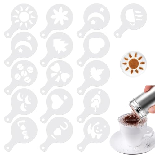 XKSOCT 16 piezas Plantillas Decorar Cafe,Espolvoreador Cacao,Coctelera de Polvo de Acero Inoxidable,Decoracion de Cafe,Plantillas para Capuchino,Chocolate Caliente,Tartas,Arte de Café
