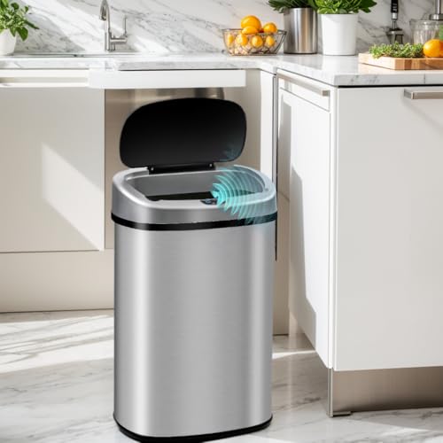 50 Liter/13 Gallon Kitchen Trash Can with Lid, Automatic Trash Can Stainless Steel Garbage Can with Mute Designed, Touchless Trash Can Motion Sensor Trash Can for Kitchen Bedroom Office Bathroom