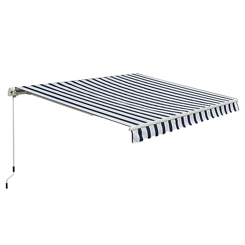 Outsunny 3m x 2.5m Garden Patio Manual Awning Canopy Sun Shade Shelter with Winding Handle Retractable Blue and White