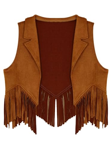 Hedmy Kids Halloween Western Cowboy Cowgirl Dress Up Suede Fringe Vest Sleeveless Tassel Jacket Coat3