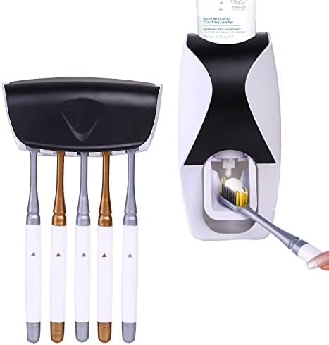 Automatic Toothbrush Dispenser Wall Mount Toothpaste Squeezer and Toothbrush Holder Set for Kids Family Bathroom Use (Black)