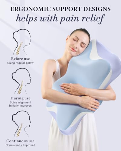 Cervical Pillow for Neck Pain Relief, Cooling Ergonomic Memory Foam Pillows for Sleeping with Luxury Anti-pilling Pillowcase, Contour Orthopedic Neck Support Pillow for Side Back Stomach Sleepers-Blue