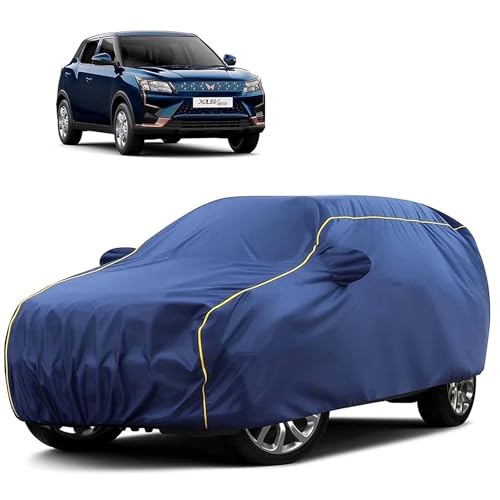 Image of Sulfar 100% Water Resistant Car Body Cover Compatible with Mirror for Mahindra XUV 400 (Triple Stitched, Full Bottom Elastic, Blue Tafetta with Yellow Piping)