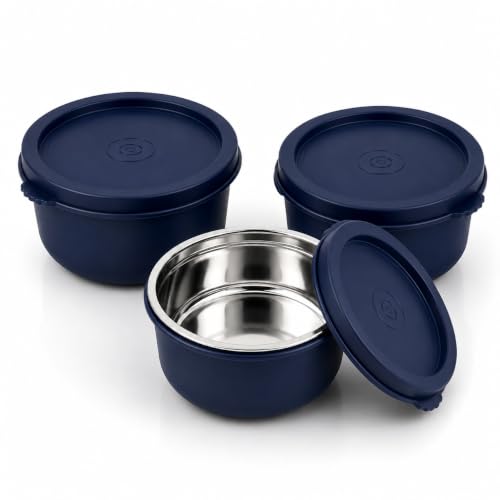 Image of Stainless Steel Food Storage Container Set 400 ml | Microwave Safe & Dishwasher Safe Lunch Bowl with Airtight Lid | Leak-Resistant Steel Container for Kitchen, Office & Travel (dark blue, set of 3)